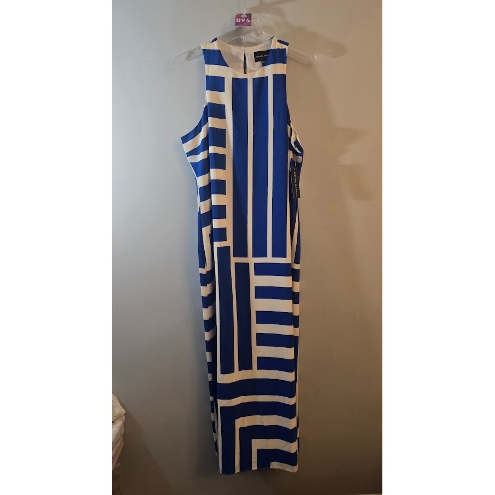 Donna Morgan Womens Maxi Dress Blue Cream Geometric Sleeveless Bold Size 12 NEW